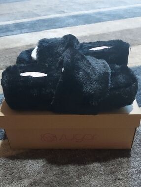 Sugar Black Plush Crisscross Platform Slippers